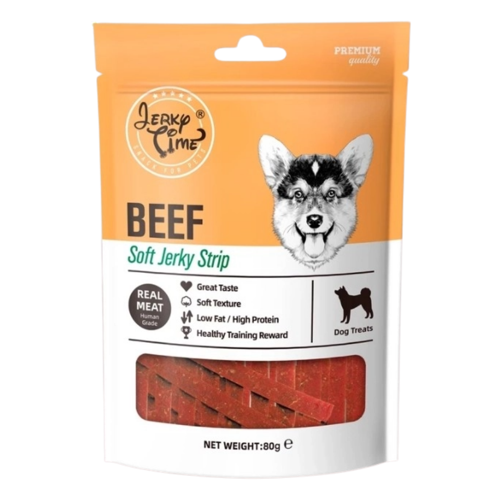 Package of Jerky & Lime Beef Soft Jerky Strip for dogs with a dog's face on the packaging.