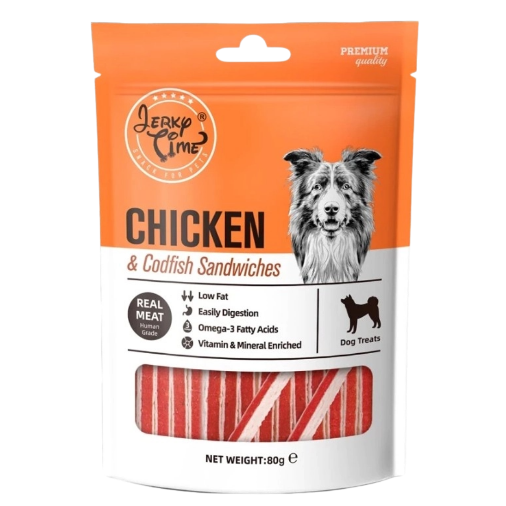 Dog treat package with chicken and codfish sandwiches on an orange background
