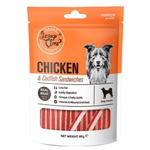 Dog treat package with chicken and codfish sandwiches on an orange background