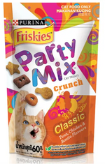 Purina Friskies Party Mix Crunch cat treats packaging with colorful design and cat illustration.