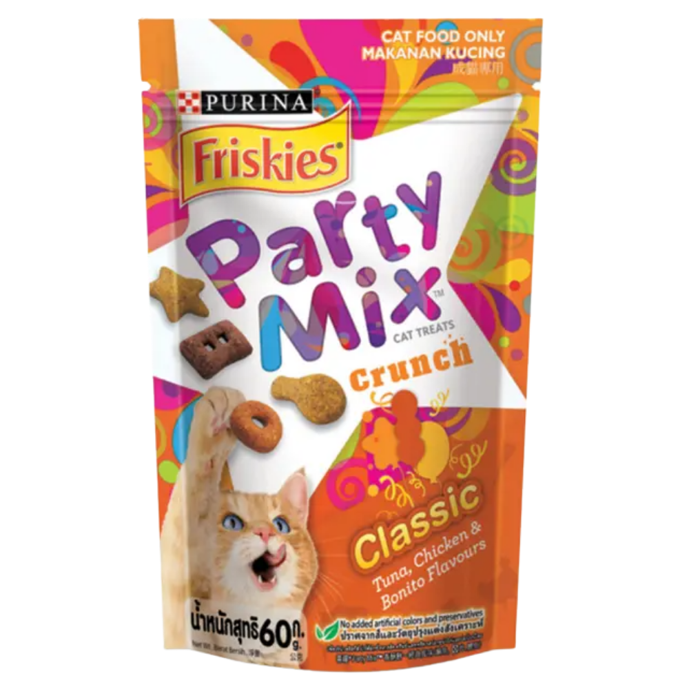 Purina Friskies Party Mix Crunch cat treats packaging with colorful design and cat illustration.