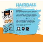 Puffz Hairball product packaging with nutritional information on a white background