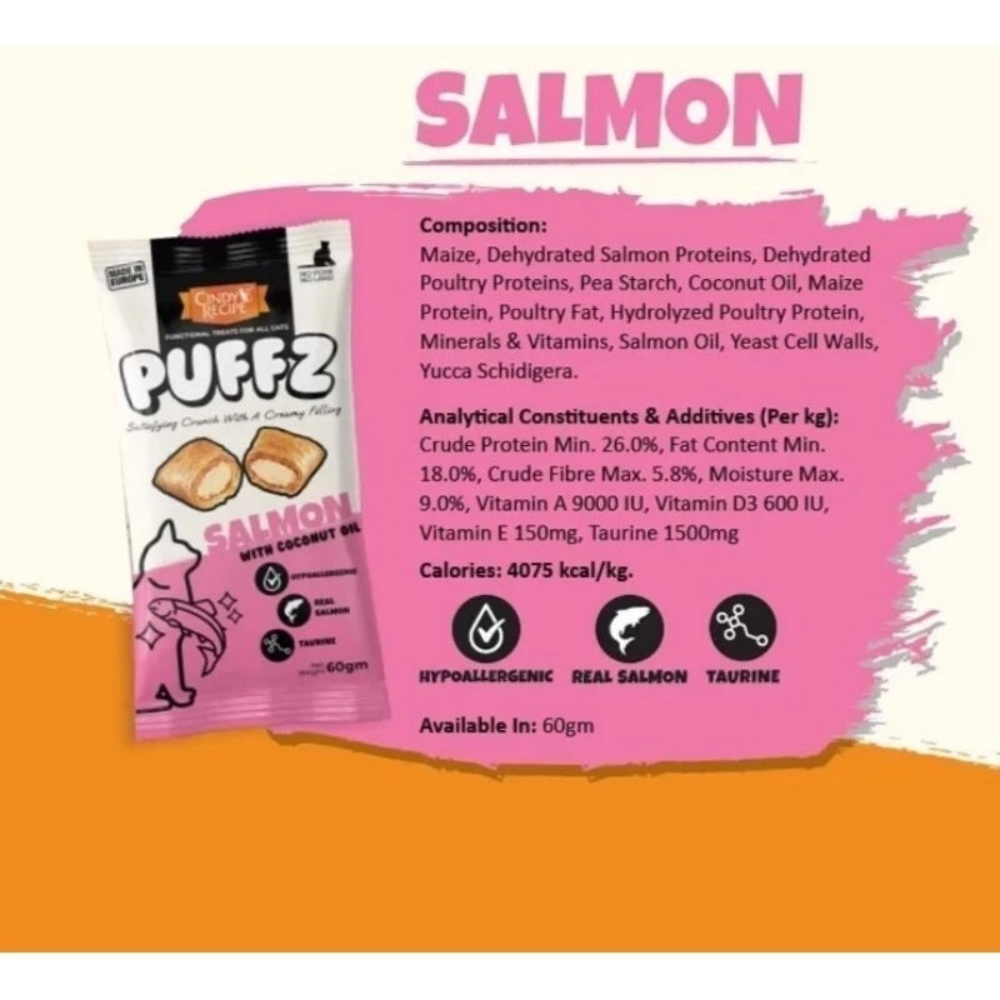Puffz Salmon snack package with nutritional information on a pink and orange background