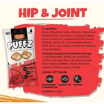 Puffz Hip & Joint supplement packaging with nutritional information on a red background