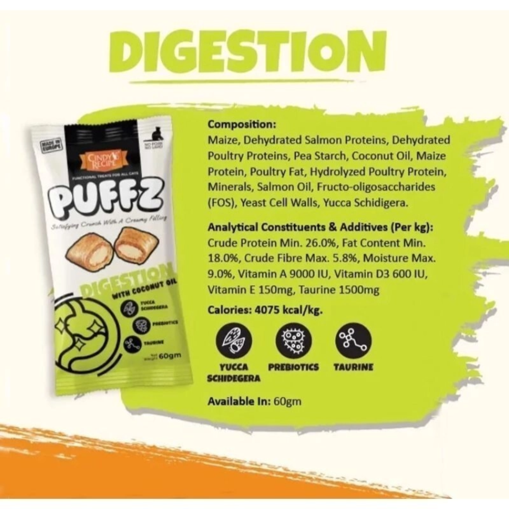 Puffz dog treat package with nutritional information on a white background