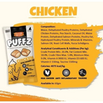 Puffz Chicken snack package with nutritional information on a white background
