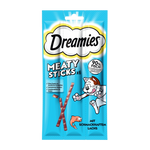 Pack of Dreamies Meaty Sticks for cats with a blue background