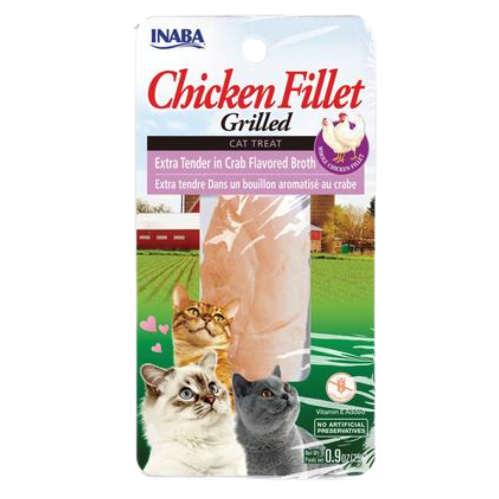 Inaba Chicken Fillet grilled cat treat package with cats on a grassy background