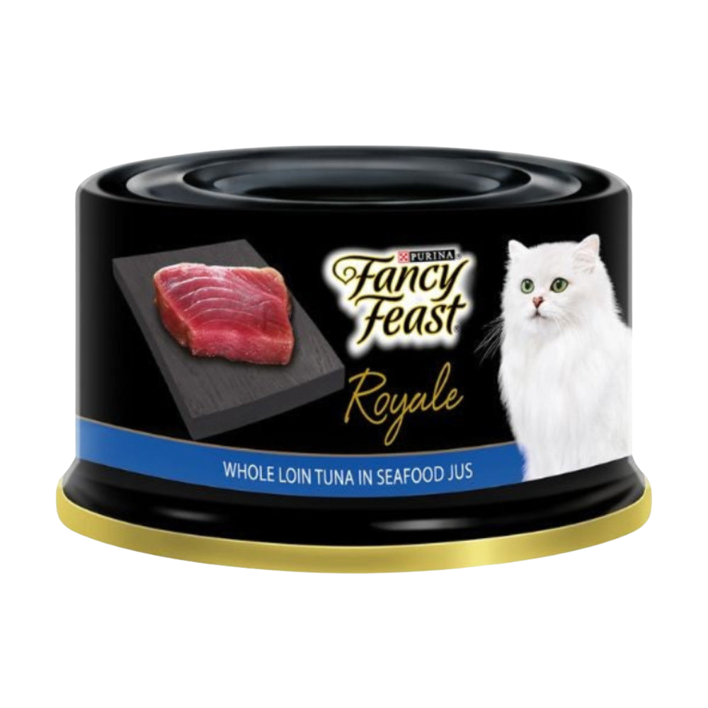 Can of Fancy Feast Royale cat food on a white background