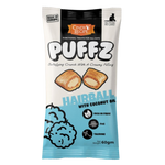 Package of PUFFZ Hairball treats with coconut oil on a white background