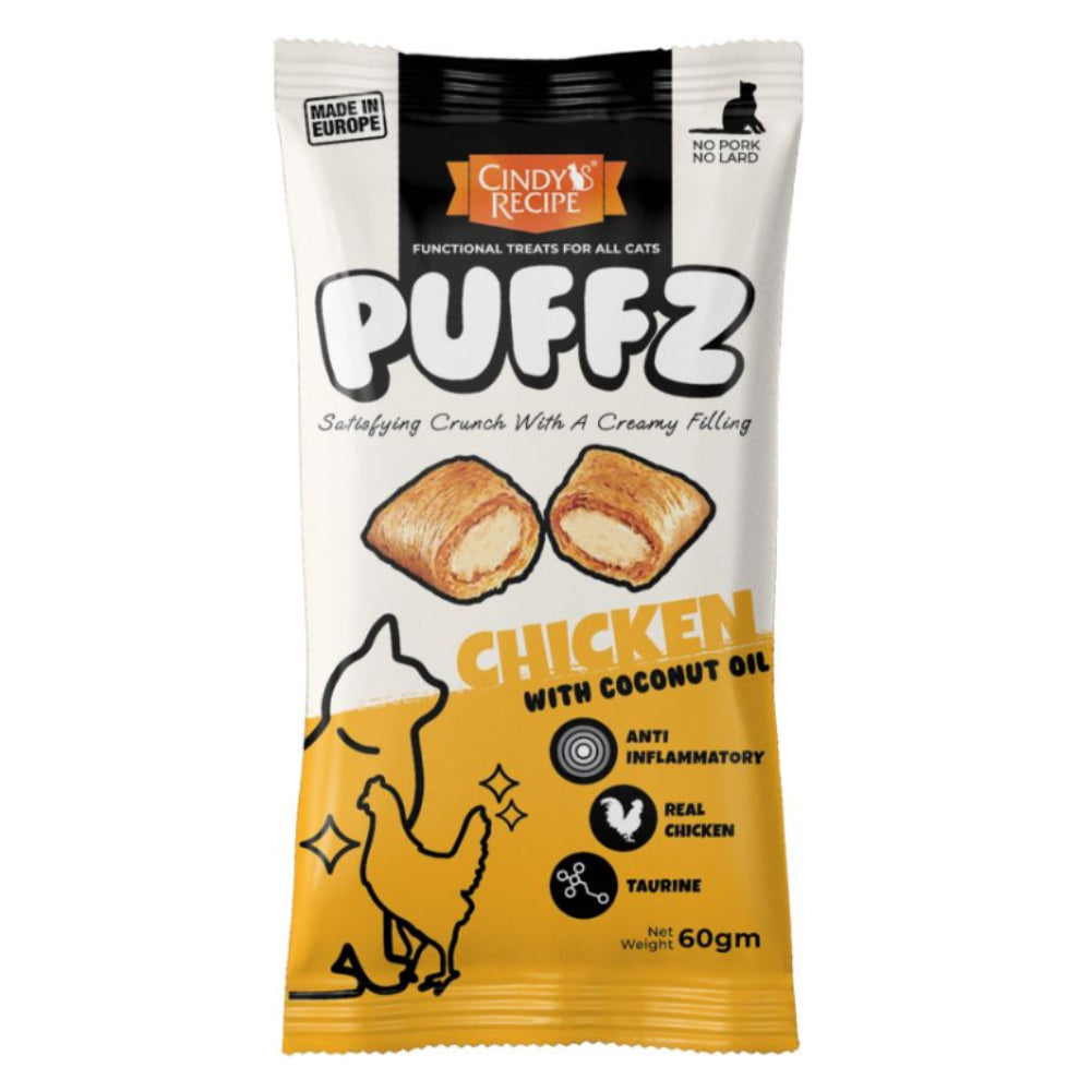 Puffz chicken with coconut oil cat treat packaging on a white background