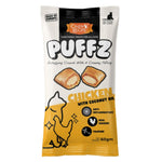 Puffz chicken with coconut oil cat treat packaging on a white background