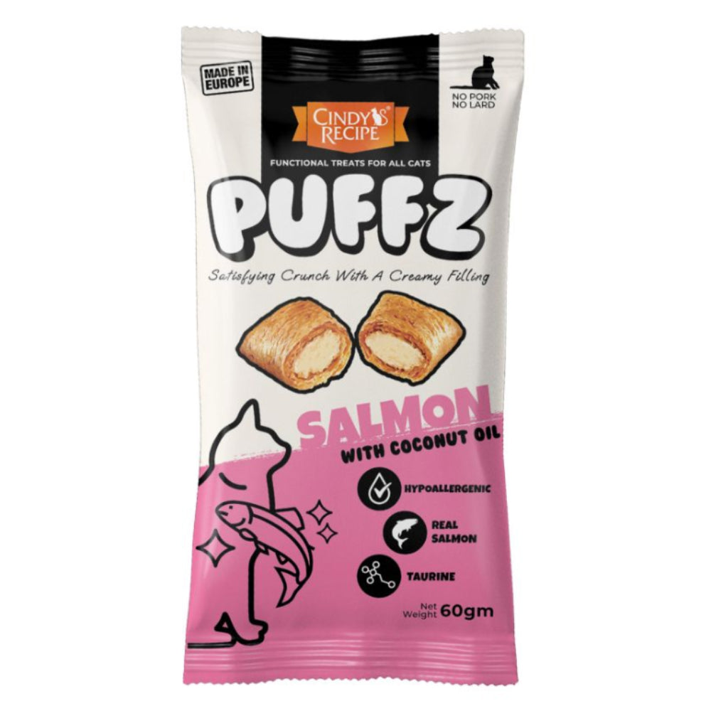Package of Puffz Salmon with Coconut Oil cat treat on a white background