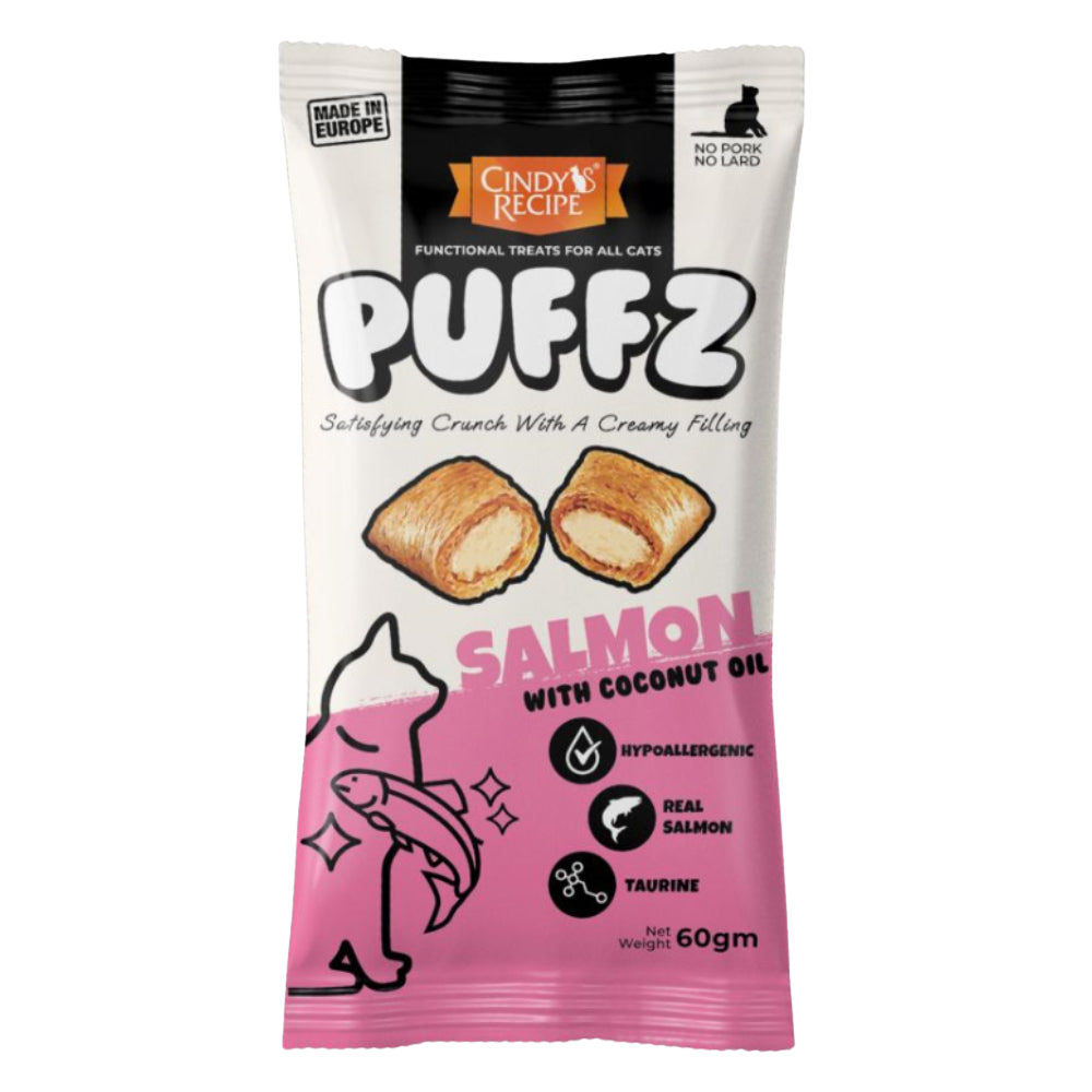 Package of Puffz Salmon with Coconut Oil cat treat on a white background