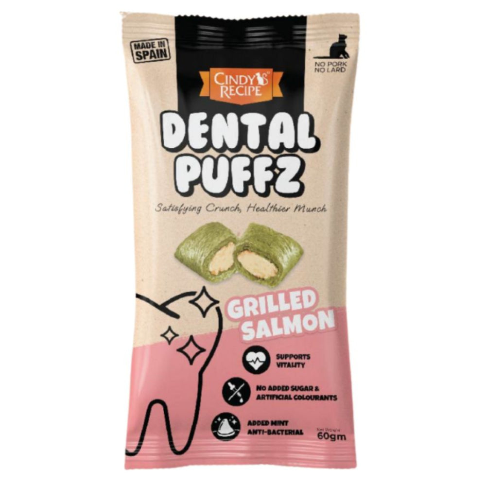 Packaging of Dental Puffz for dogs with grilled salmon flavor on a white background