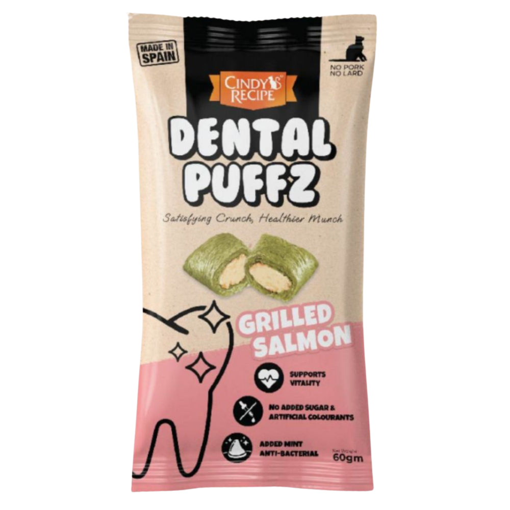 Packaging of Dental Puffz for dogs with grilled salmon flavor on a white background