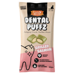 Packaging of Dental Puffz for dogs with grilled salmon flavor on a white background