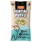 Package of Cindy's Recipe Dental Puffz for dogs with grilled chicken flavor on a white background