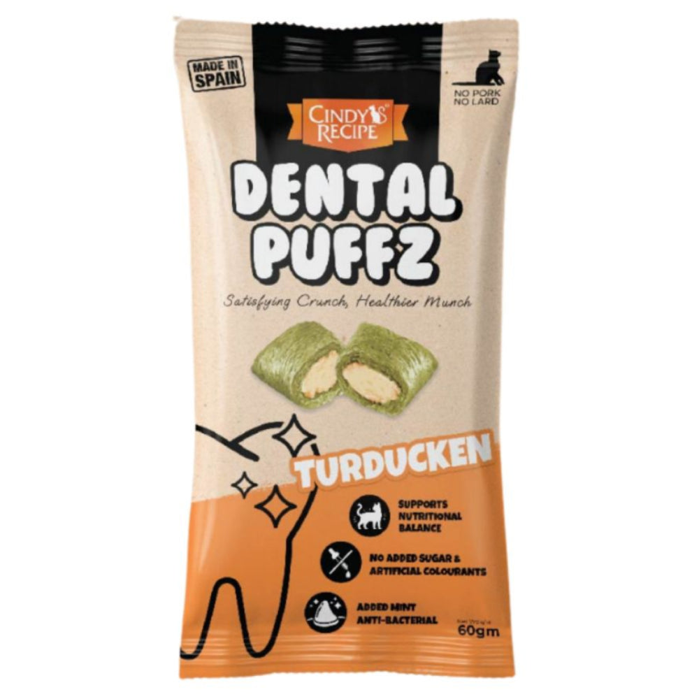 Package of Dental Puffz Turducken treats for pets on a white background