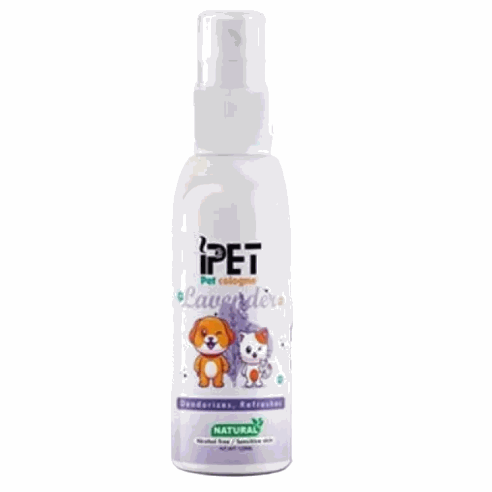iPet lavender pet cologne bottle on a light purple background with floral designs.