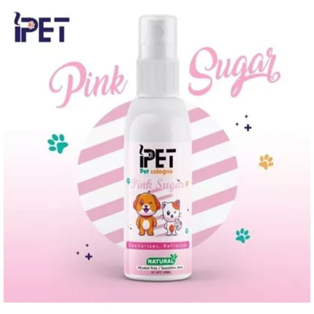 iPet Pink Sugar pet cologne bottle on a pink background with brand logo.