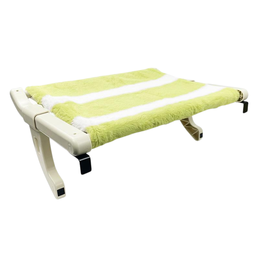 Green pet bed with white stripes on a white background