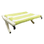 Green pet bed with white stripes on a white background