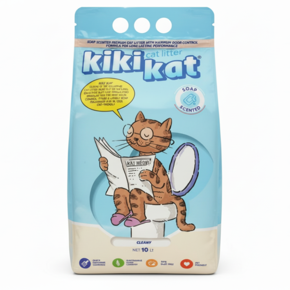 Kiki Kat cat litter packaging with a cartoon cat reading a newspaper on a blue background