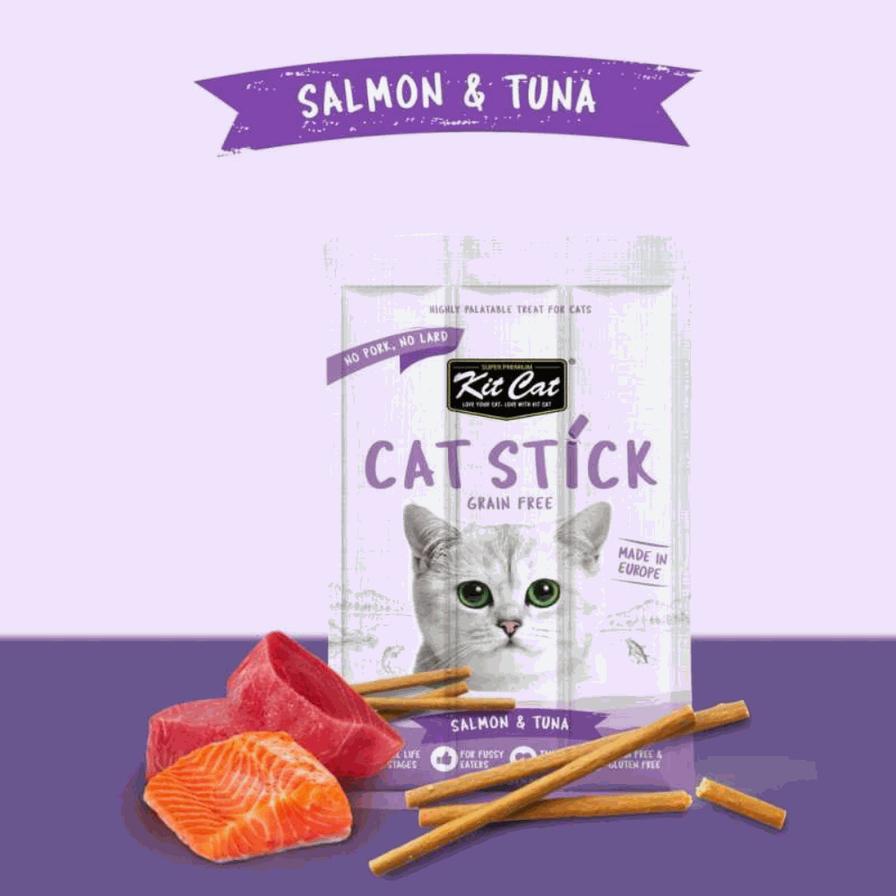 Kit Cat Cat Stick salmon and tuna treat packaging on a purple background