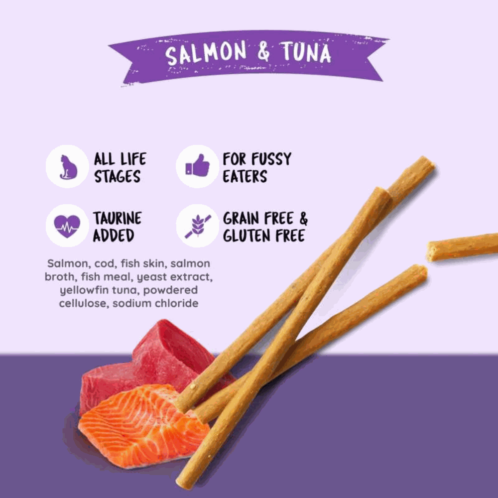 Dog treat sticks with salmon and tuna on a purple background