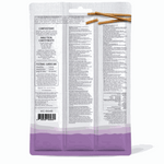 Back view of a product packaging with text and a purple bottom section.