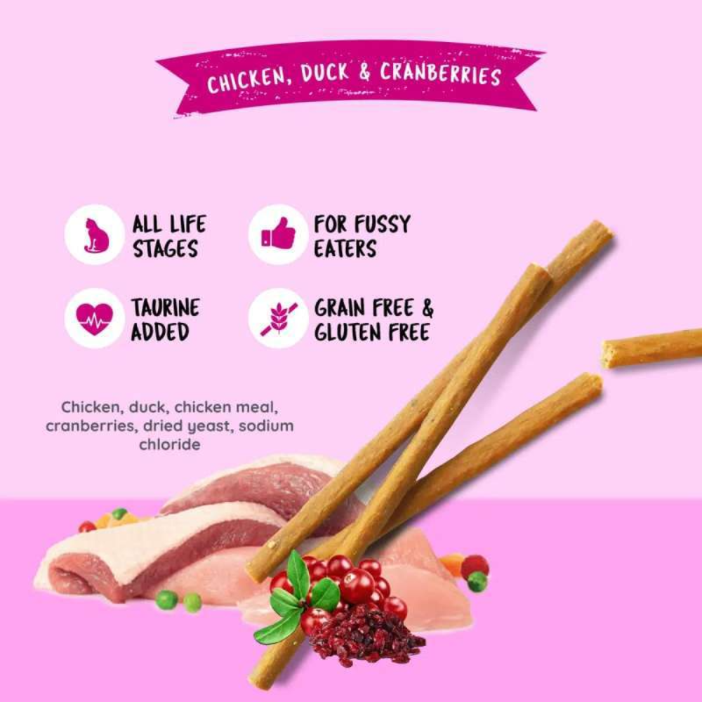 Product packaging with chicken, duck, and cranberries on a pink background