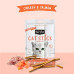 Kit Cat Cat Stick packaging with chicken and salmon on a pink background