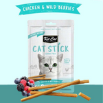 Kit Cat cat stick packaging with chicken and wild berries on a light blue background