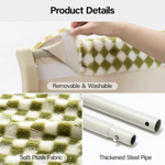 Product details of a curtain with checkered pattern, soft plush fabric, and thickened steel pipe.