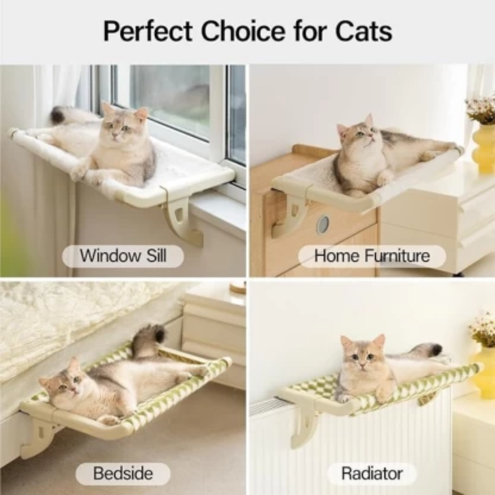 Cat hammock shown on various surfaces with text indicating its use.