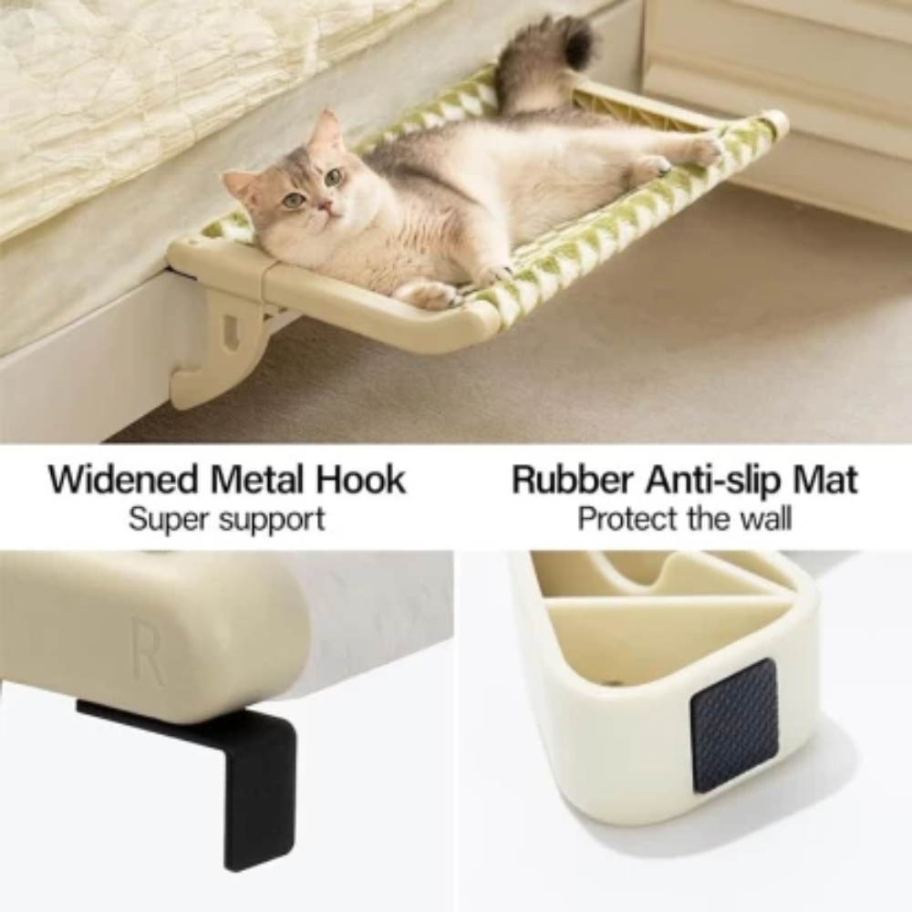 Cat lying on a hammock with widened metal hook and rubber anti-slip mat features highlighted.