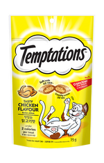 Temptations cat treat package with chicken flavor on a white background