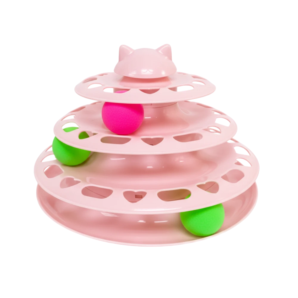 Pink three-tiered cat toy with a pink ball and green beads on a white background