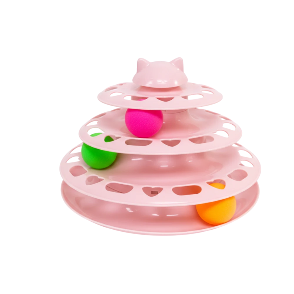 Pink three-tiered cat toy with colorful balls and measurements on a white background