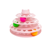 Pink three-tiered cat toy with colorful balls and measurements on a white background