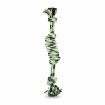 Lime green black white dumbbell rope toy white background