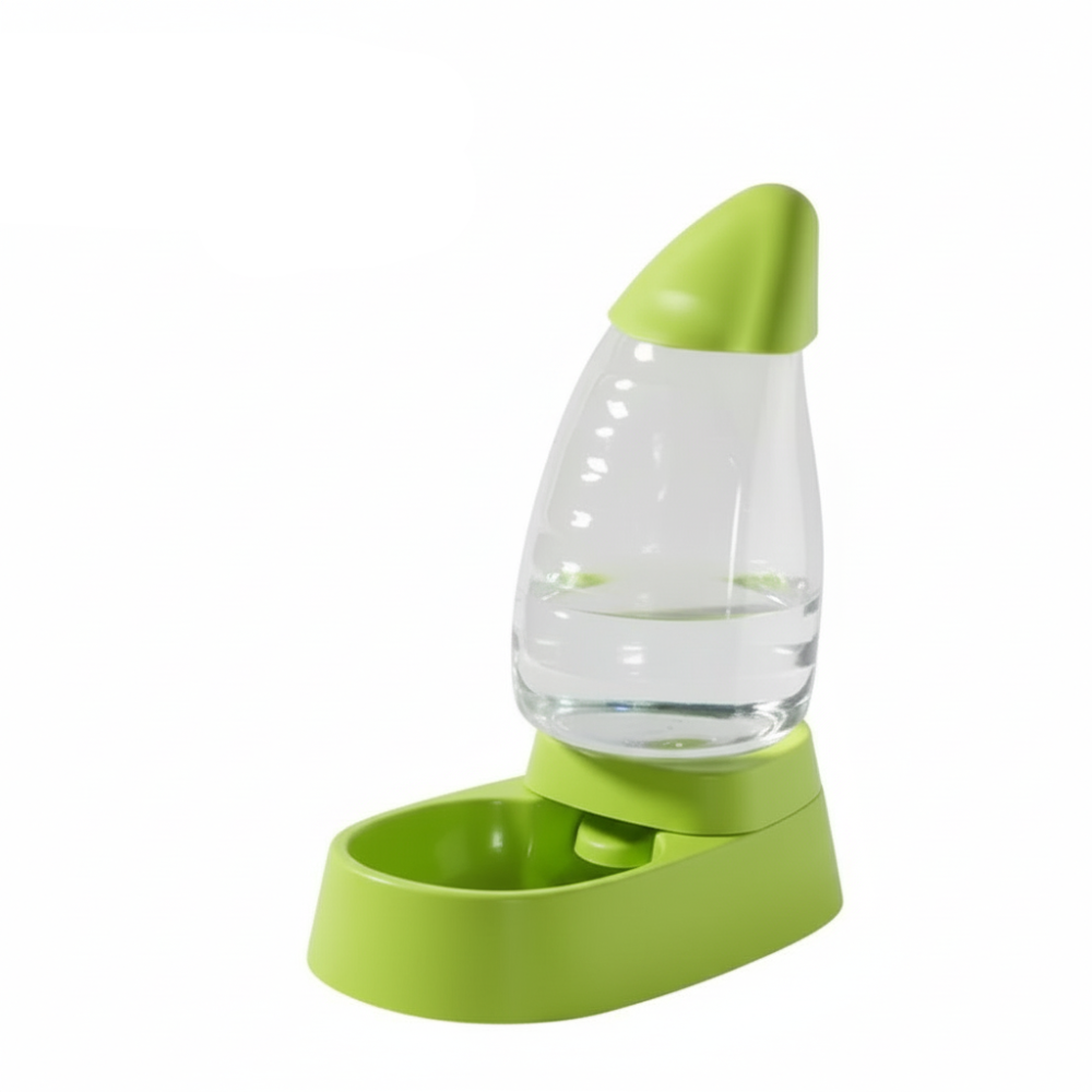 Green pet feeder with clear water container on a white background