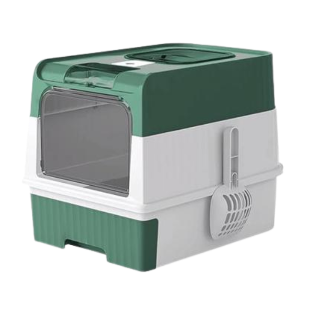 Pet carrier with green top and gray bottom on a white background