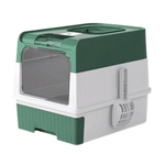 Pet carrier with green top and gray bottom on a white background