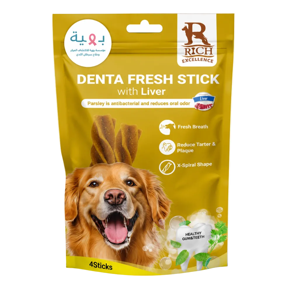 A package of Rich Excellence Denta Fresh Stick with Liver dog treats, featuring a golden retriever on the front of the yellow pouch.