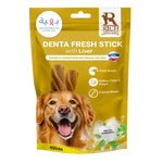 A package of Rich Excellence Denta Fresh Stick with Liver dog treats, featuring a golden retriever on the front of the yellow pouch.