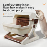 Semi-automatic cat litter box with a cat interacting with it on a white background