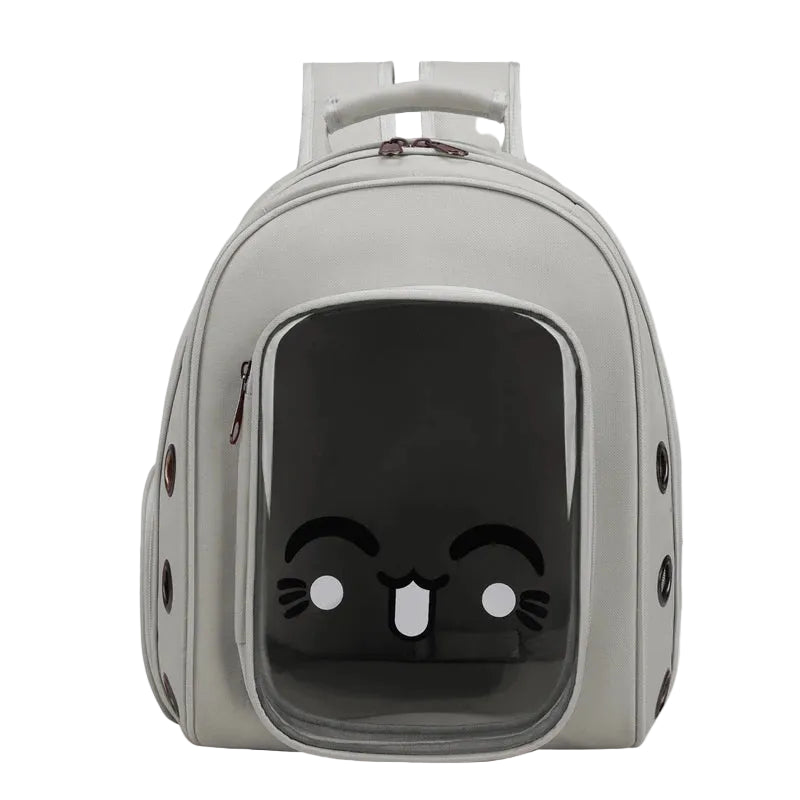 Gray pet carrier with a cute face design on a white background