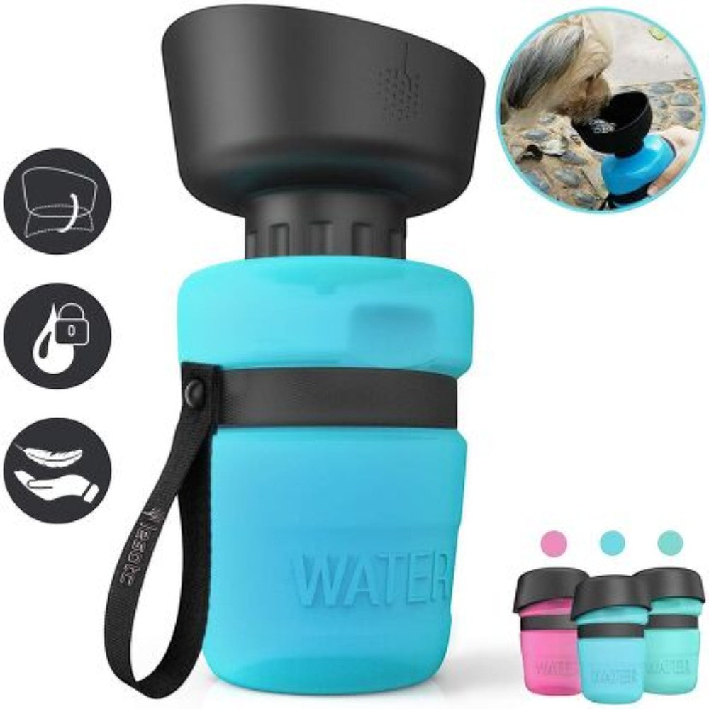 Blue pet water bottle with black lid and carrying strap on a white background